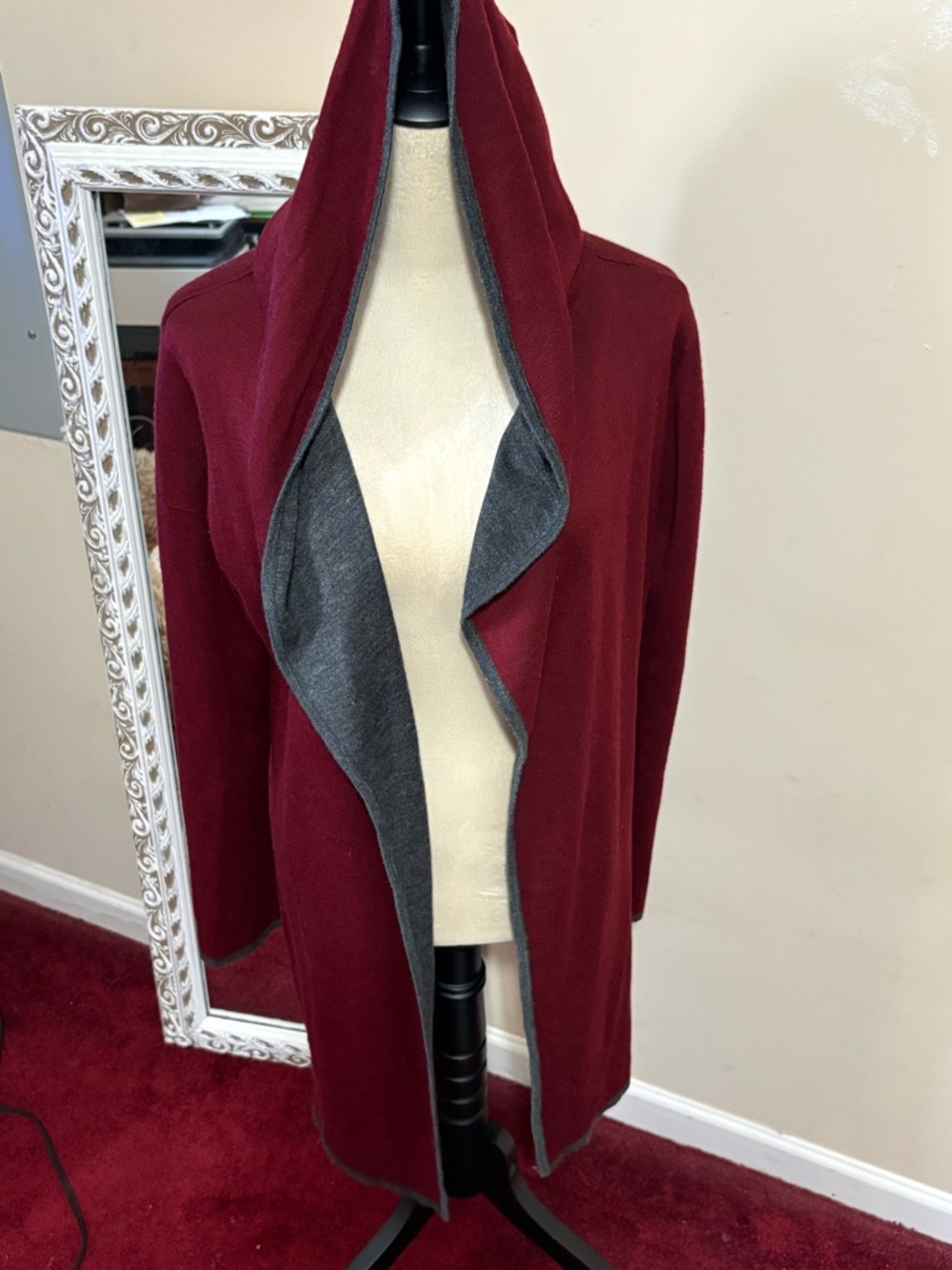 Women's Hooded Open-Front Coatigan in Burgundy